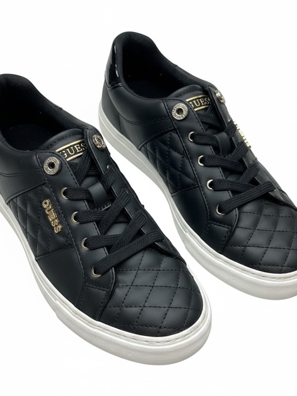 GUESS Los Angeles Black/Gold Low Top Sneakers Lace Up Quilted Shoes Size 9M